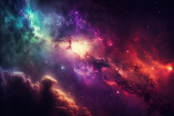 Black hole in space, neon clouds, space atmosphere, digital art style, illustration painting
