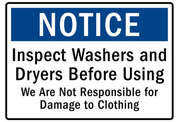 Laundry sign and labels inspect washers and dryers before using