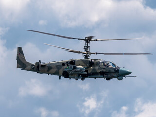 ZHUKOVSKY, RUSSIA - 25 July 2021: Demonstration of the Kamov Ka-52 Alligator attack helicopter of...