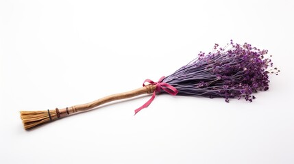  a broom with purple flowers on a white background with a pink ribbon.  generative ai