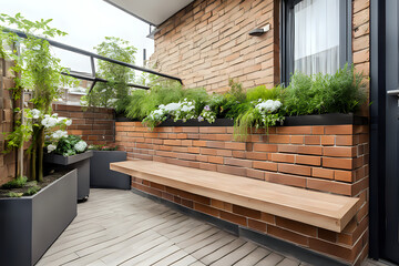 Fototapeta na wymiar Morden residential balcony garden with bricks wall, wooden bench and plants.Side view