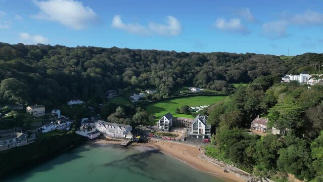 Salcombe Harbour, South Devon, England: DROVE VIEWS: South Sands beach and Waterfront properties. Salcombe is a popular UK holiday resort with some of the most expensive properties in the country.