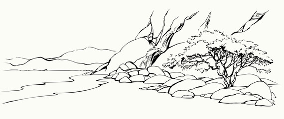 Vector landscape. Tree near a mountain stream - obrazy, fototapety, plakaty