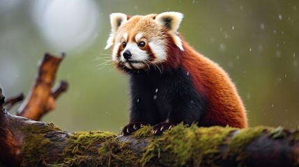 Fototapeta premium a red panda sitting on a tree branch in the rain. generative ai