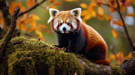 Obraz premium a red panda sitting on top of a moss covered tree branch. generative ai
