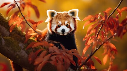 Obraz premium a red panda sitting on a tree branch in a forest. generative ai