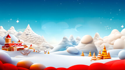Fototapeta na wymiar Cartoon christmas scene with santa clause flying over snowy mountain range.