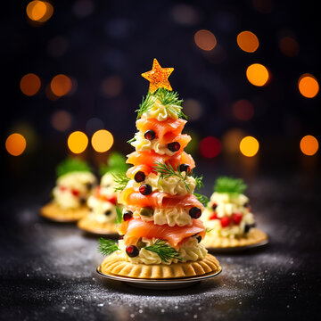 Weihnachtsessen mit Lachs Vorspeise in Tannenform