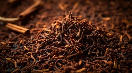 Close up of a dried tea background with cinnamons