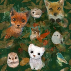北海道の森に住むかわいい野生動物たちのシームレスパターンイラスト - obrazy, fototapety, plakaty