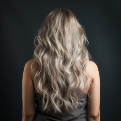 Fototapeta premium Back view young woman with long blond hair at back on studio dark blue background.