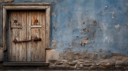 Fototapeta na wymiar Old wooden door of an abandoned house on grunge wall