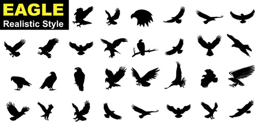 Eagle Vector Illustration Set, Black and White Silhouettes. Collection of 30 Different Eagle Poses, Perfect for Logos, Designs, and More. - obrazy, fototapety, plakaty