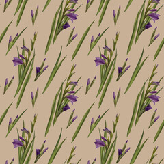 Watercolor gladioluses plant seamless pattern, hand drawn floral illustration of violet flowers buds, leaves Isolated, coloured background.Repeating design for print, wallpaper, wrapping paper textile