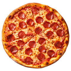 Pizza pepperoni on transparent background, top view angle