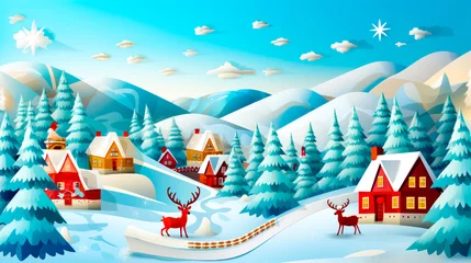 Poster Snowy landscape with houses, trees, and sleigh in the foreground. © Констянтин Батыльчук