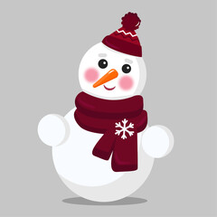 Cute snowman with red beanie and scarf isolated on grey background. Vector illustration for kids