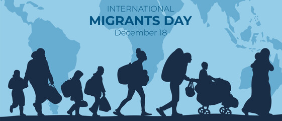 International migrants day.Horizontal banner with migrants silhouettes.Vector illustration.