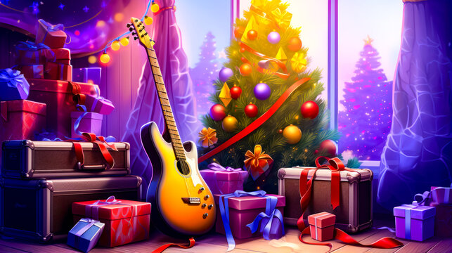 Christmas tree with presents, guitar and christmas tree in the background.