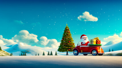 Santa clause driving red car with christmas tree in the back.