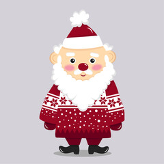 Cute christmas santa claus. Kawaii santa claus in red winter sweater. Vector graphics isolated on white background. Illustration for children