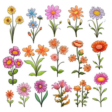 Set of cute flowers cartoon characters and design elements. Vector illustration.
