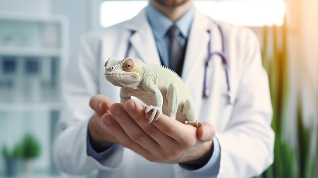 Veterinarian holding chameleon in hands close-up in clinic