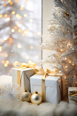 Fototapeta na wymiar Christmas setup with gifts and Christmas tree behind