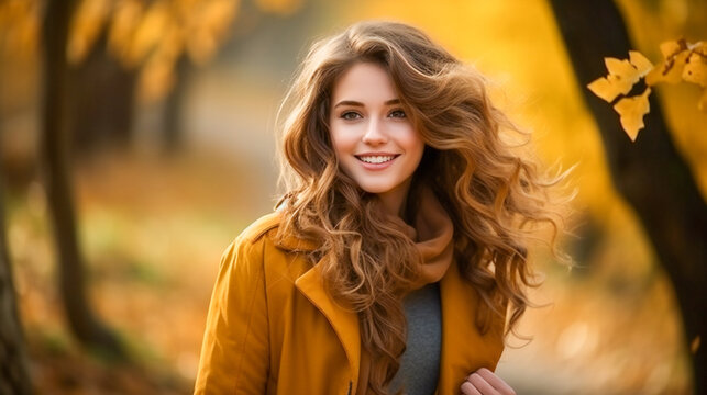 Beautiful young woman posing in a forest in autumn with yellow leaves