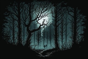 Black forest, big moon, dark forest, scary forest, digital art style, illustration painting