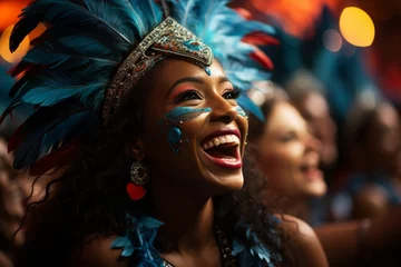 Fotobehang Rio de Janeiro Group of revelers in festive masks and costumes celebrating at the Rio Carnival, Generative AI