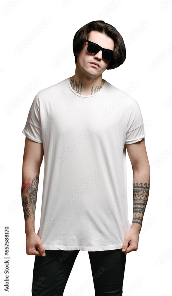 Wall mural Man wearing white blank t-shirt over transparent background - Wall murals