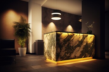 Hotel reception, reception design, bar counter, hotel service desk, digital art style, illustration painting