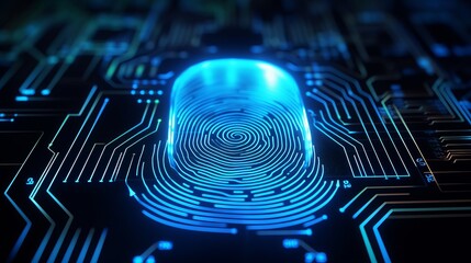Future technology and cybernetics, fingerprint scanning biometric authentication, cybersecurity and fingerprint passwords.E-kyc (electronic know your customer), technology against digital cyber crime - obrazy, fototapety, plakaty