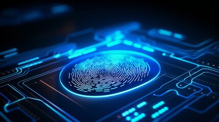 Future technology and cybernetics, fingerprint scanning biometric authentication, cybersecurity and fingerprint passwords.E-kyc (electronic know your customer), technology against digital cyber crime - obrazy, fototapety, plakaty