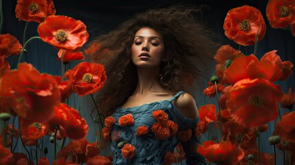 Model with a free-spirited aura amidst poppies and dried ferns on worn denim, palette brought to life with fiery red, fern green, and indigo blue
