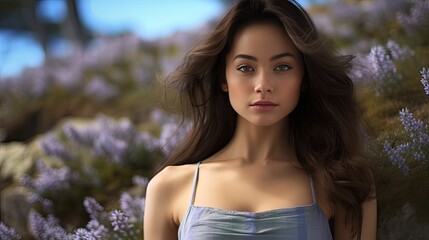 Model with a serene gaze near freshly picked heather and bluebells on a stone slab, embracing hues of lilac, soft blue, and cool gray