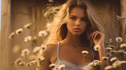 Model with a whimsical expression surrounded by wild daisies and dried barley stalks on vintage parchment, colors emphasizing cream, pale yellow, and earth brown
