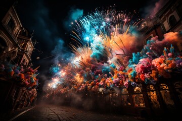 Rio Carnival fireworks lighting up the night sky in celebration, Generative AI