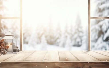 Wooden table, view from the window to a winter landscape, blurred background. Generative AI