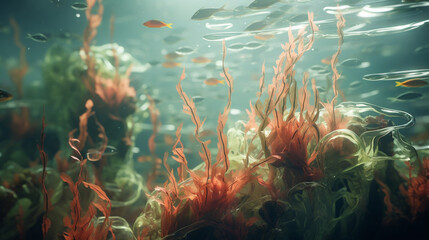 dynamic and natural seaweed, coral and small fish, digital art, generative cinematic color...
