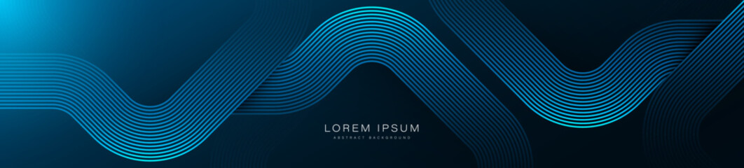 Abstract glowing geometric lines on dark blue background. Modern shiny blue lines pattern. Futuristic concept. Horizontal banner template. Suit for cover, poster, business, corporate, website
