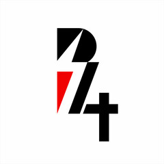 B74 logo design with thunderbolt and cross. Illustration of the abstract letter B with a cross and the number 7 and lightning symbol in the negative space.
