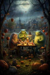 A whimsically enchanting photo of friendly Halloween monster families enjoying a delightful picnic in a magical setting