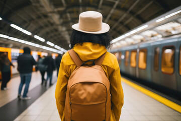 Fototapeta premium Subway Adventure: Female Backpacker in City Transit