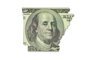 map of arkansas state on a american dollar money texture on the white background. finance concept.
