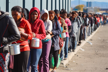 A queue of refugees at border. Group of hungry and sad refugees waiting in a line to cross the border. - obrazy, fototapety, plakaty