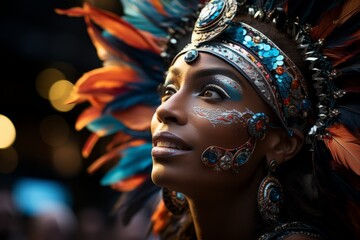 Rio Carnival performer's dazzling and flamboyant headdress, Generative AI - obrazy, fototapety, plakaty