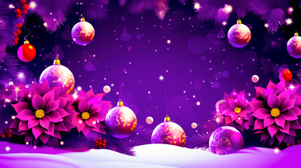 Purple christmas background with balls and poinsettis on purple background.
