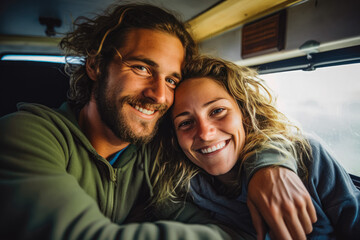 Fototapeta na wymiar Couple portrait in van travel. Portrait of laughing boyfriend and girlfriend in camper van. Happy young couple in a van